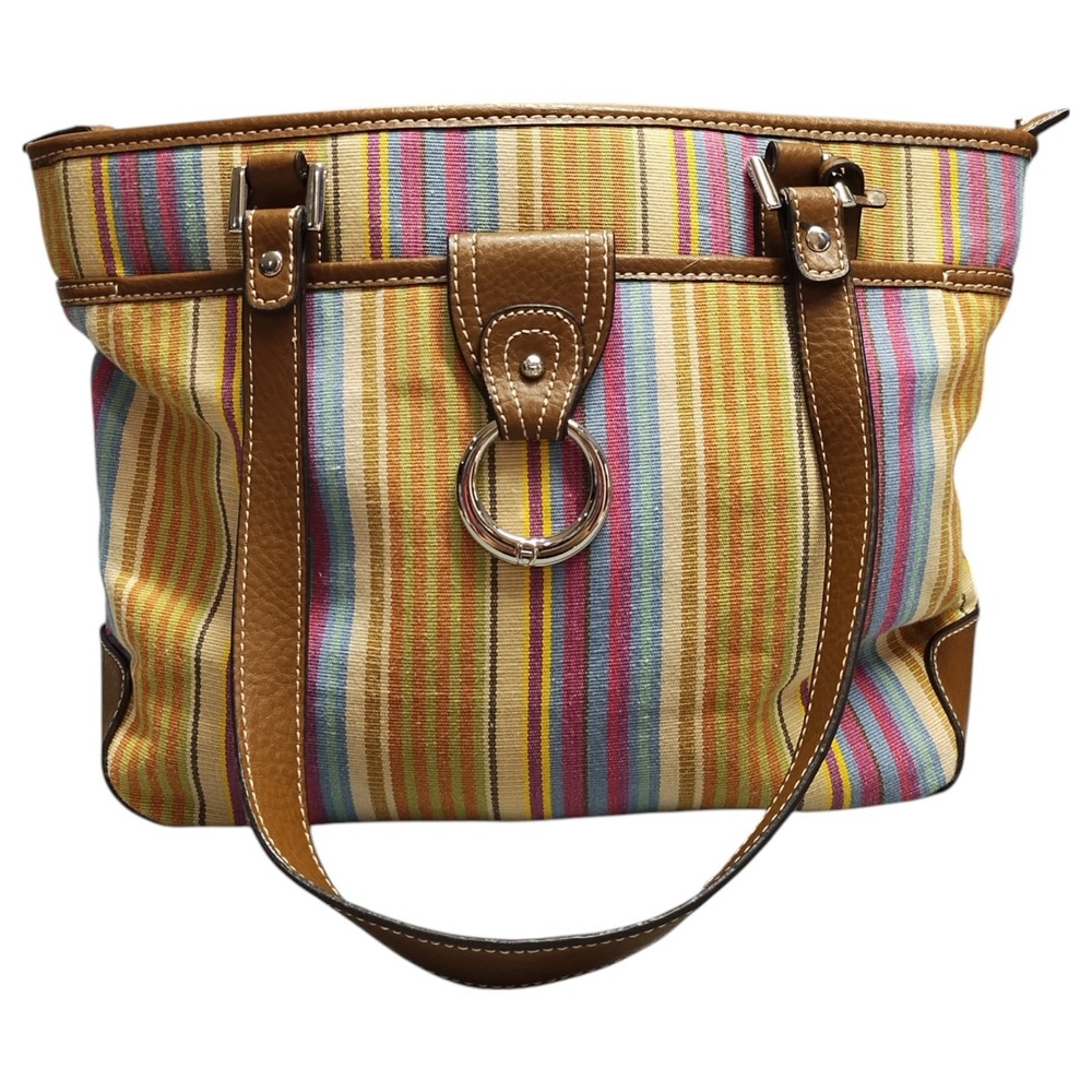 Vintage Etienne‎ Aigner Shoulder Bag Womens Multi Striped Canvas Leather Straps
